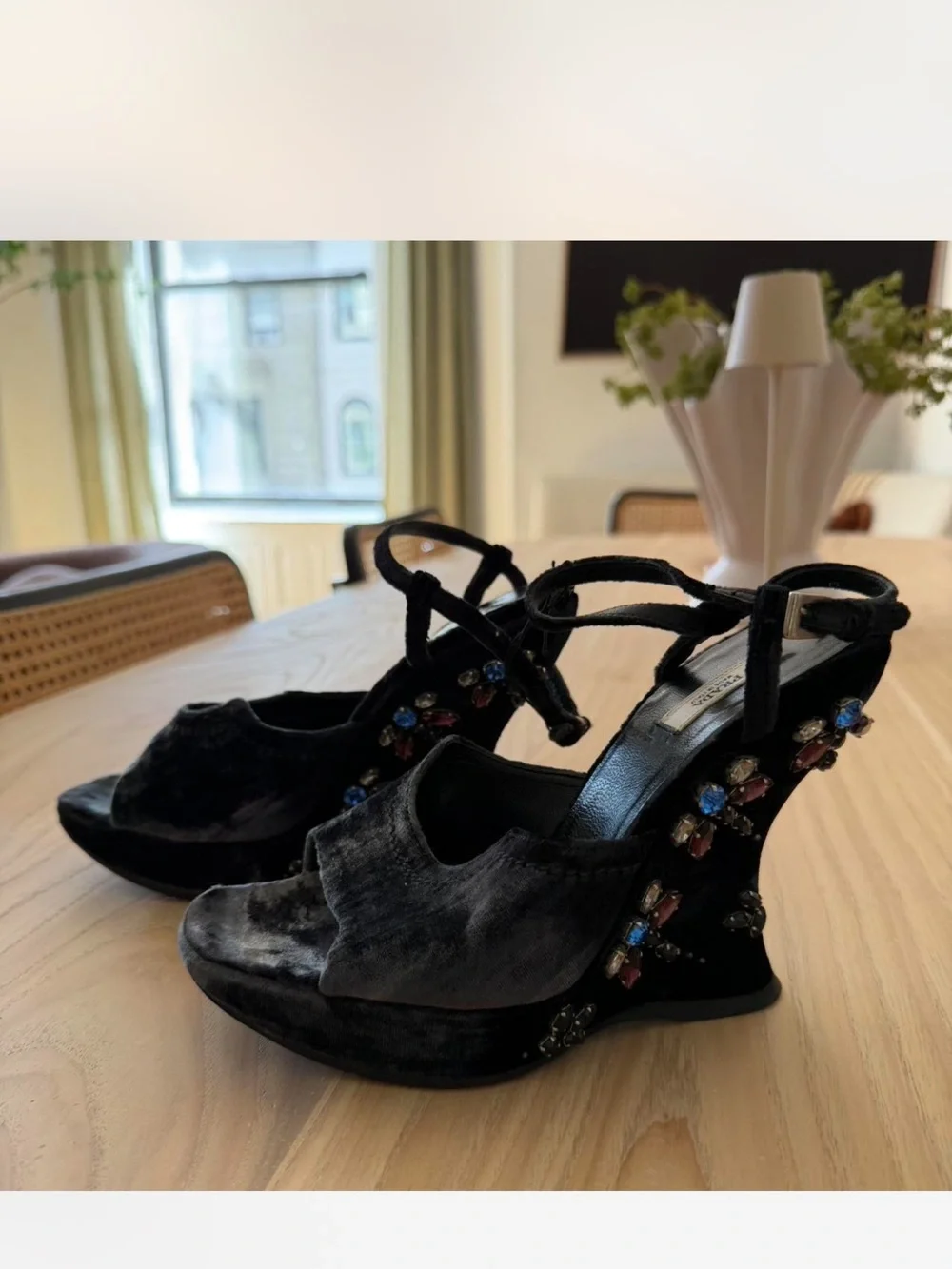 Prada Velvet Jeweled Wedge Heels